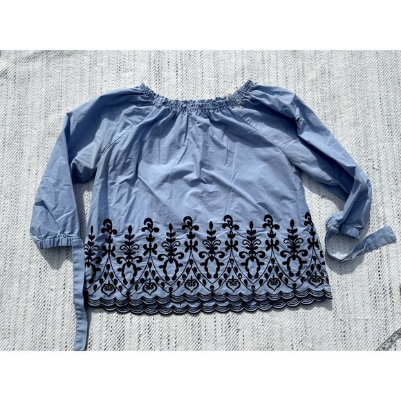 Time and Tru Shirt Large 12-14 Blue Embroidered Floral Ribbon Sleeve Boho Womens - Picture 6 of 10
